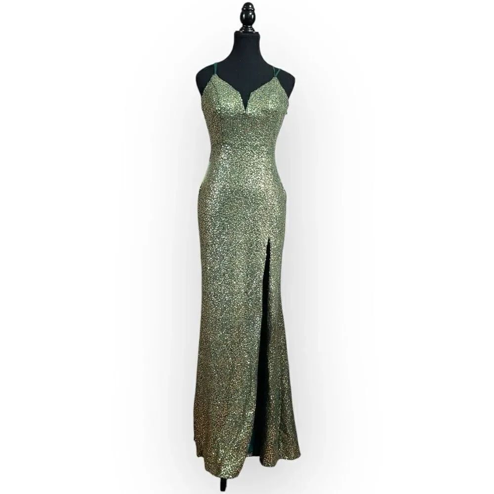 NWOT City Triangles Womens Sequin Maxi Dress Green Gold Sparkle Size XS